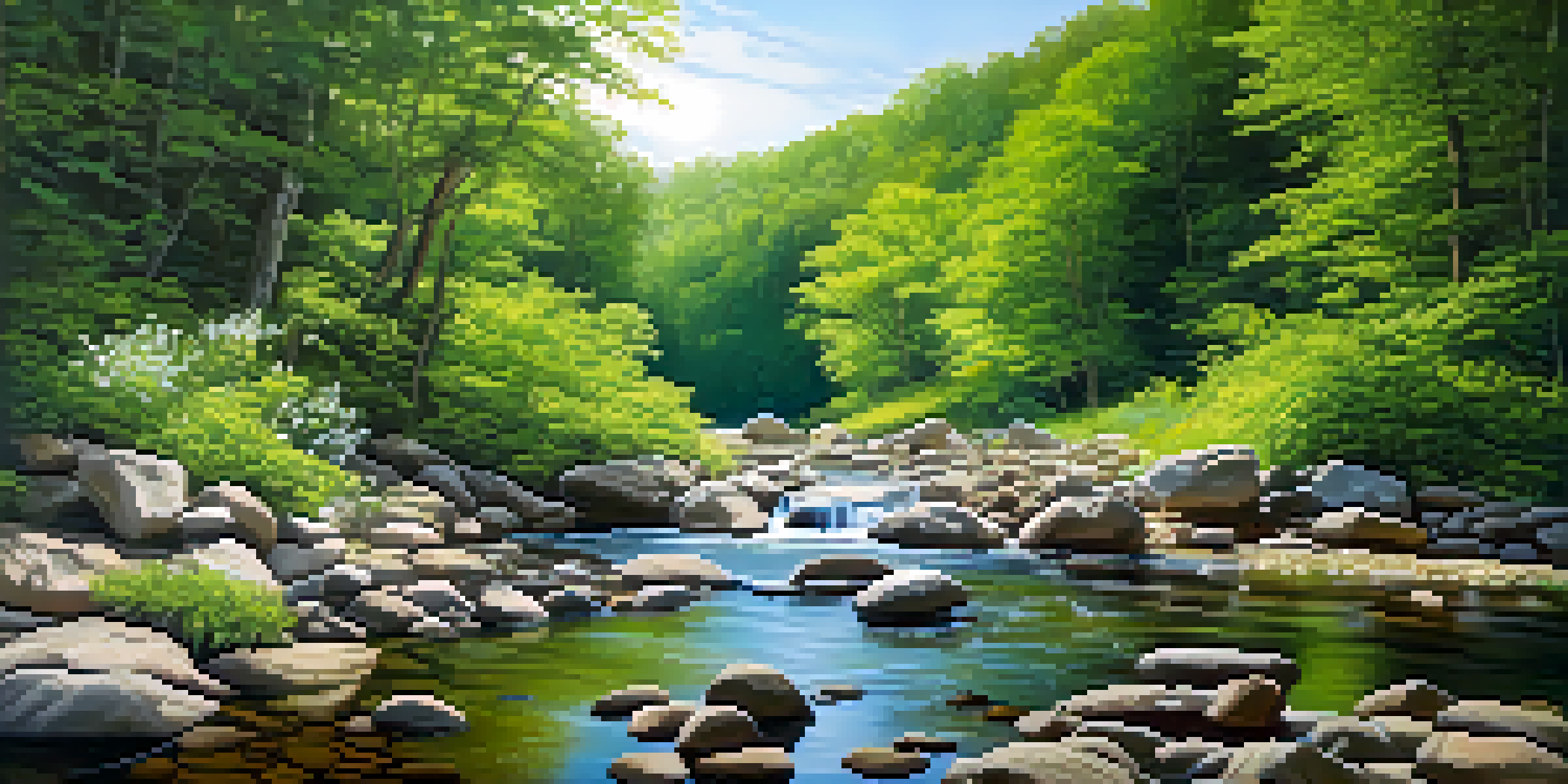 A peaceful forest landscape with sunlight shining through the trees, a stream flowing over stones, and colorful wildflowers along the banks.