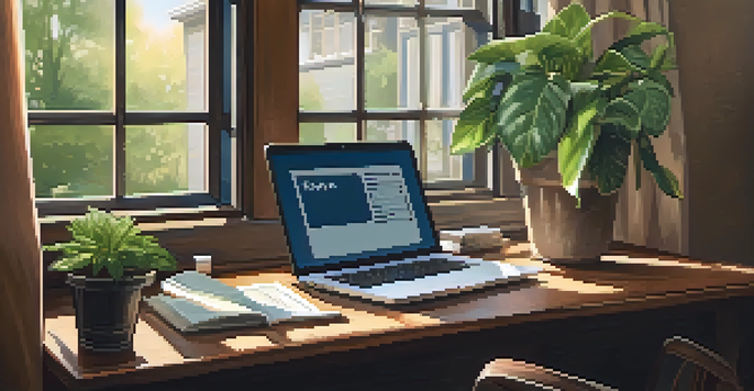 A well-organized desk featuring a laptop, tax documents, a calculator, and a coffee cup, illuminated by natural light.