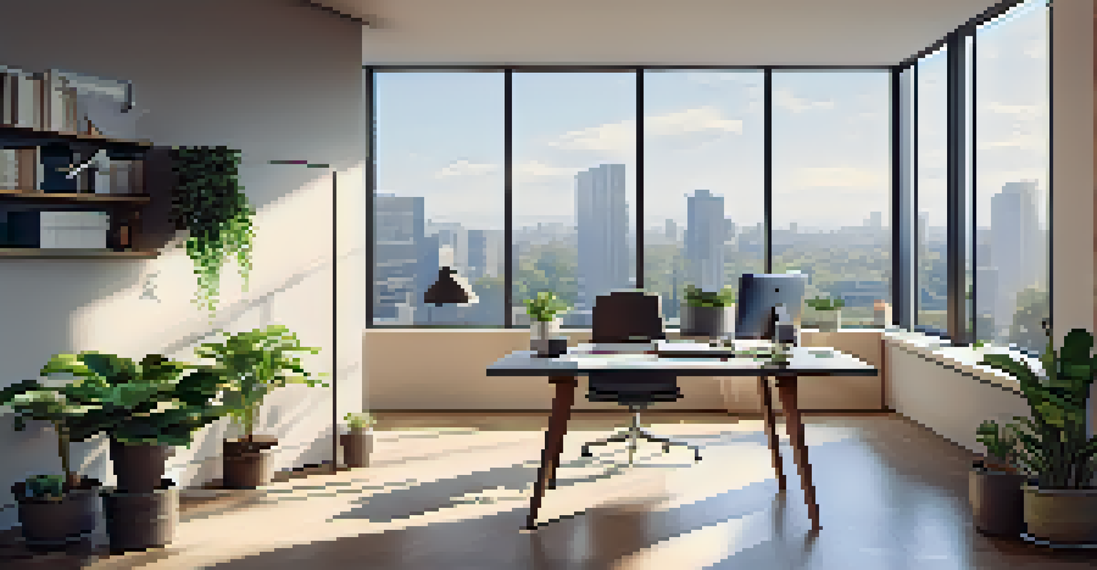 A contemporary office space with a desk, laptop, potted plant, and financial documents, illuminated by natural light.