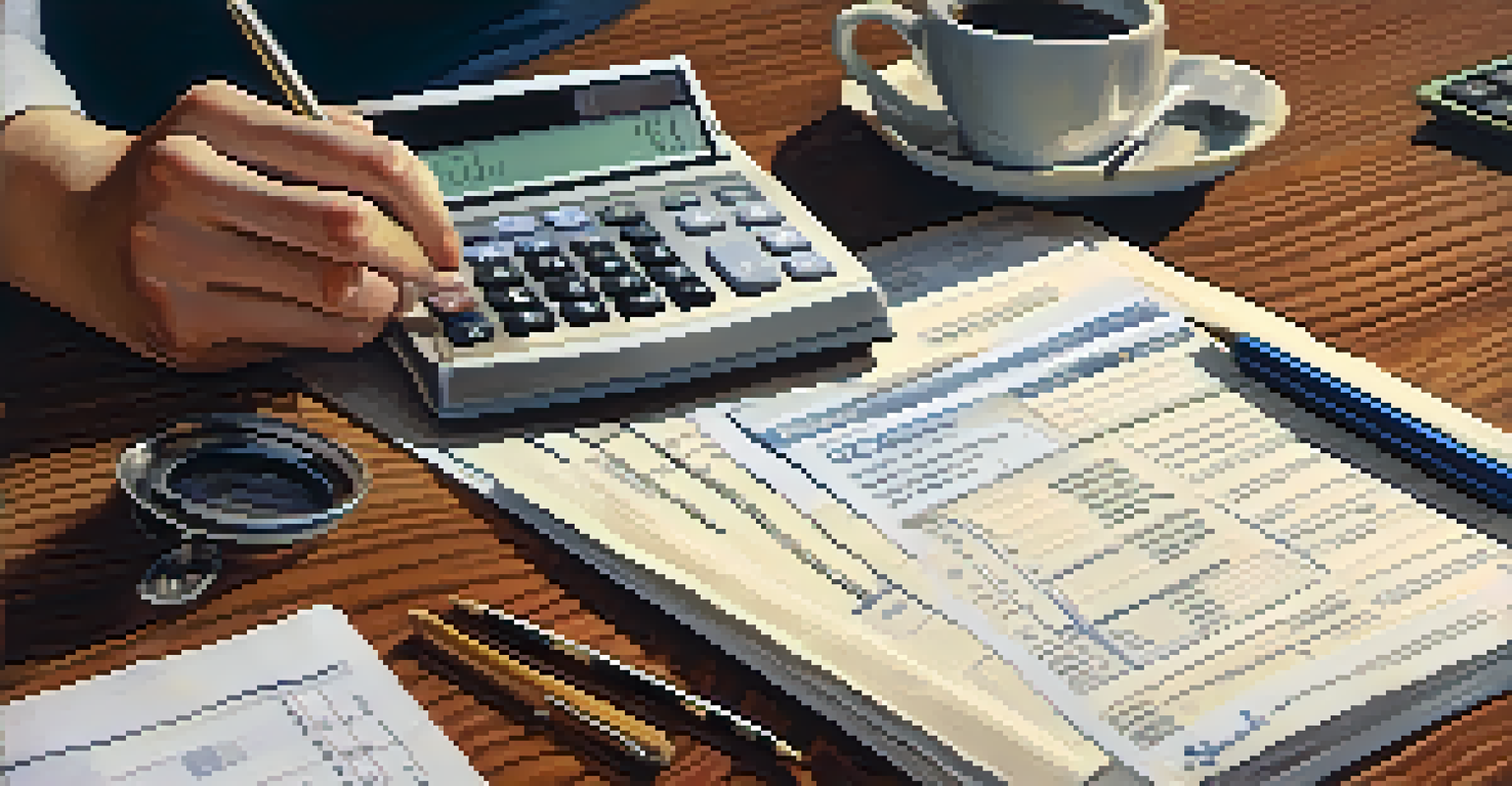A hand using a calculator with tax documents on a wooden table, illuminated by warm light.