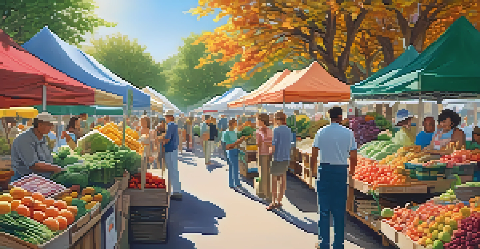 A vibrant farmer's market with stalls of fresh produce and flowers, bustling with vendors and customers.