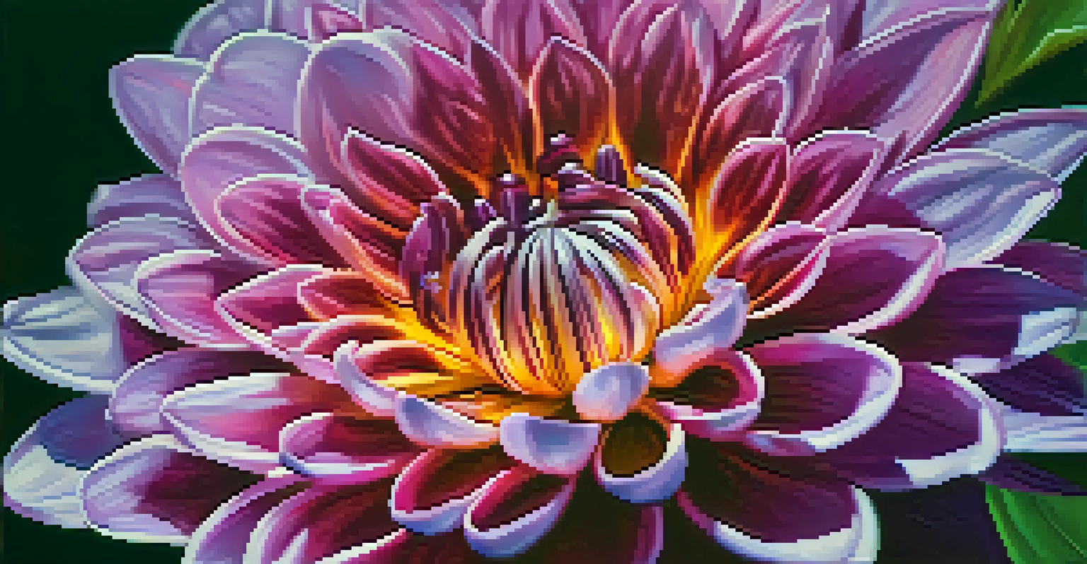 A detailed close-up of a colorful flower with purple and pink petals.