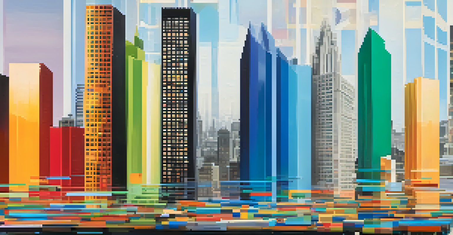 An abstract image of colorful charts and graphs representing tax credits and deductions against a blurred city skyline background.