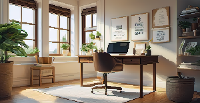 A cozy home office with a laptop, a potted plant, and a cup of coffee, illuminated by natural light.