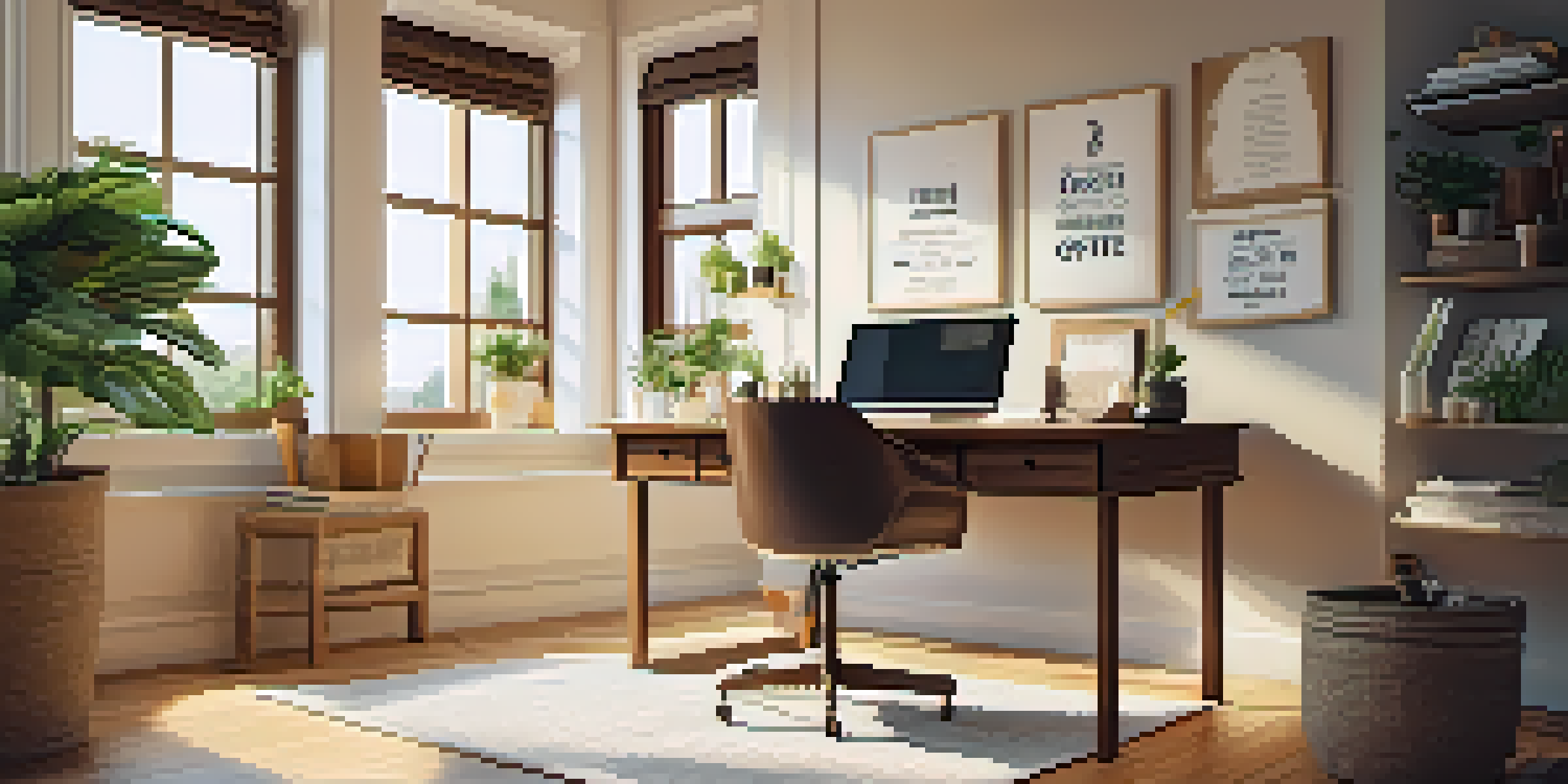 A cozy home office with a laptop, a potted plant, and a cup of coffee, illuminated by natural light.