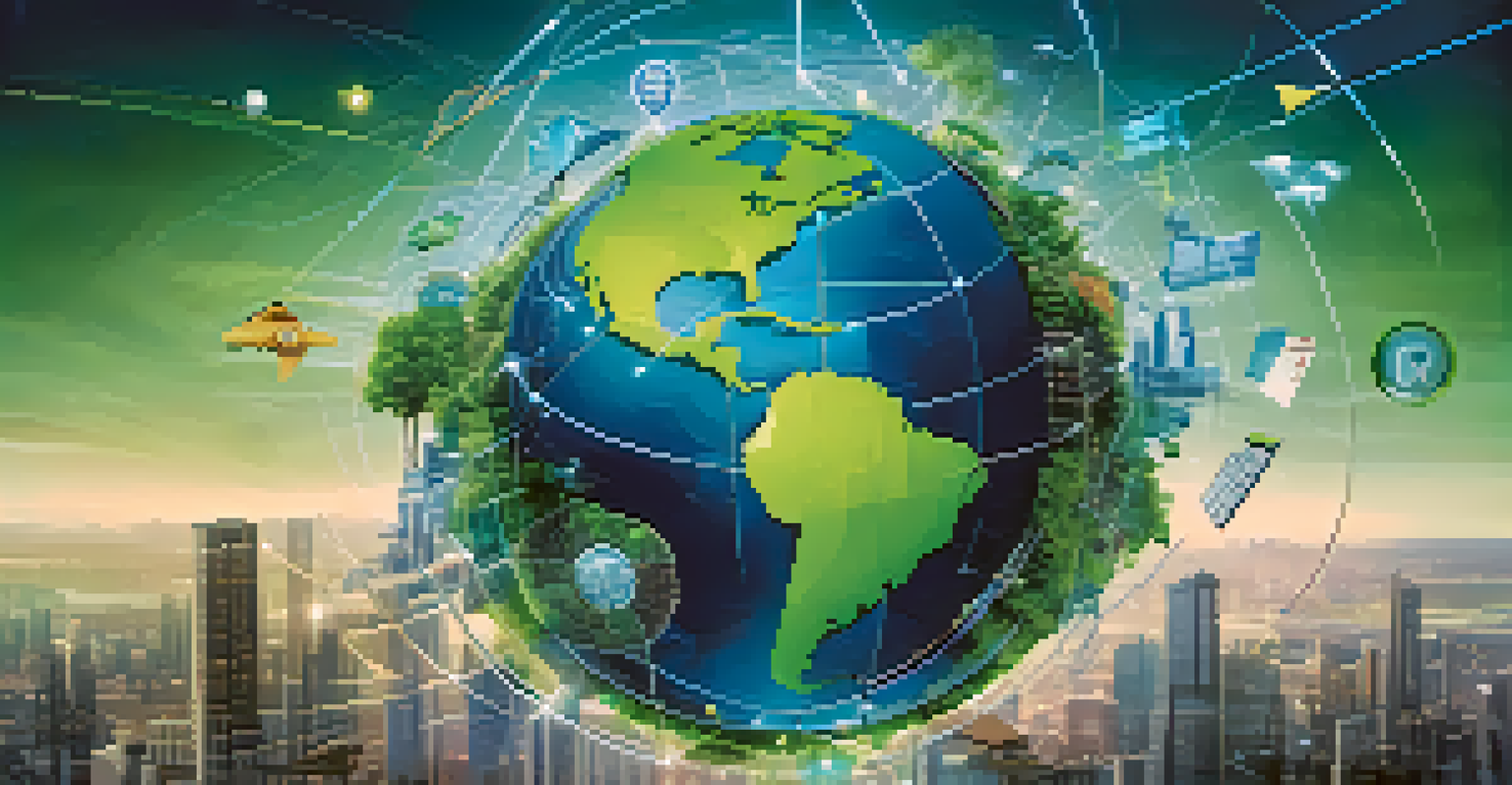 A globe with interconnected lines and icons representing various industries, on a blue and green gradient background.