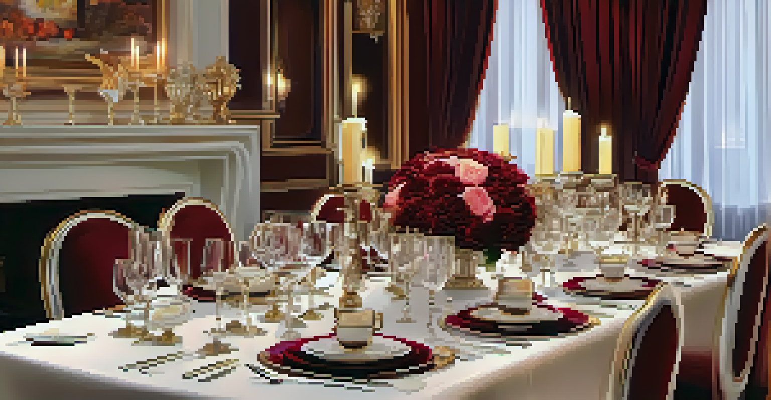 A beautifully set dining table with fine china, crystal glassware, candles, and a floral centerpiece under soft lighting.