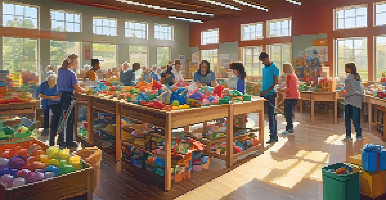 A community center with volunteers organizing donations of clothing and toys, bathed in natural light from large windows.
