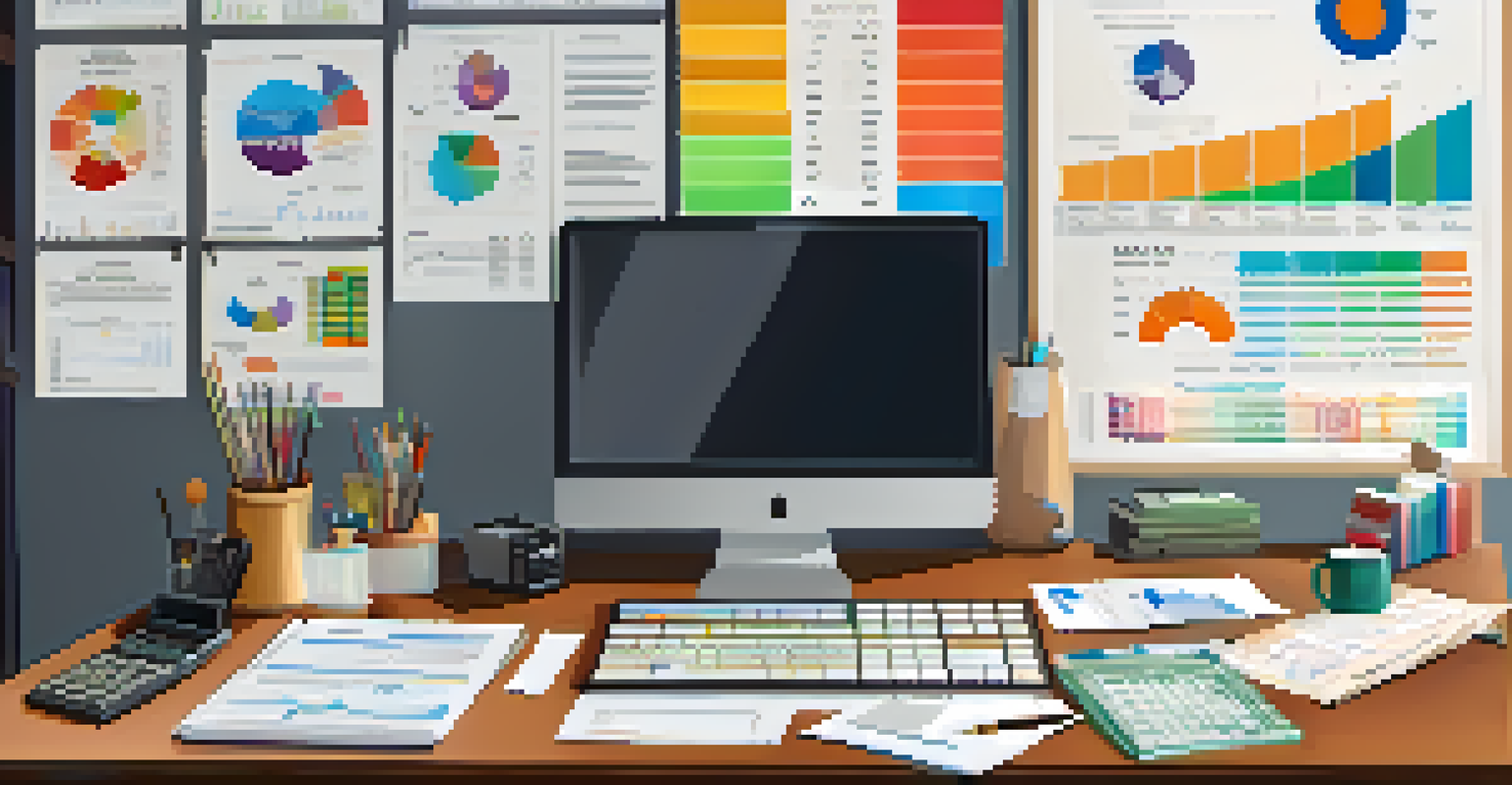 An accountant's desk cluttered with financial documents, a calculator, and colorful charts, in a brightly lit room.