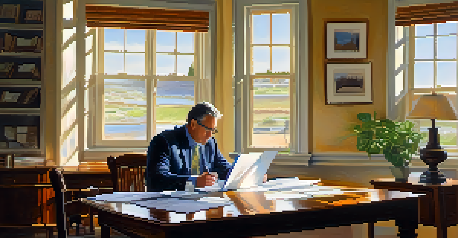 A business owner reviewing financial records at a dining table with sunlight streaming in.