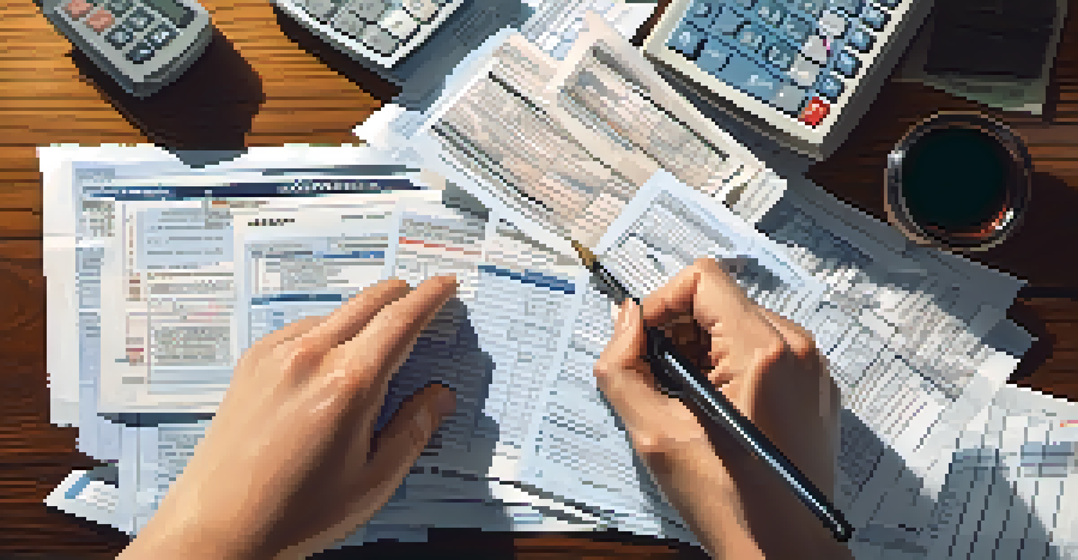 Close-up of hands organizing tax documents, receipts, and a calculator on a wooden table.