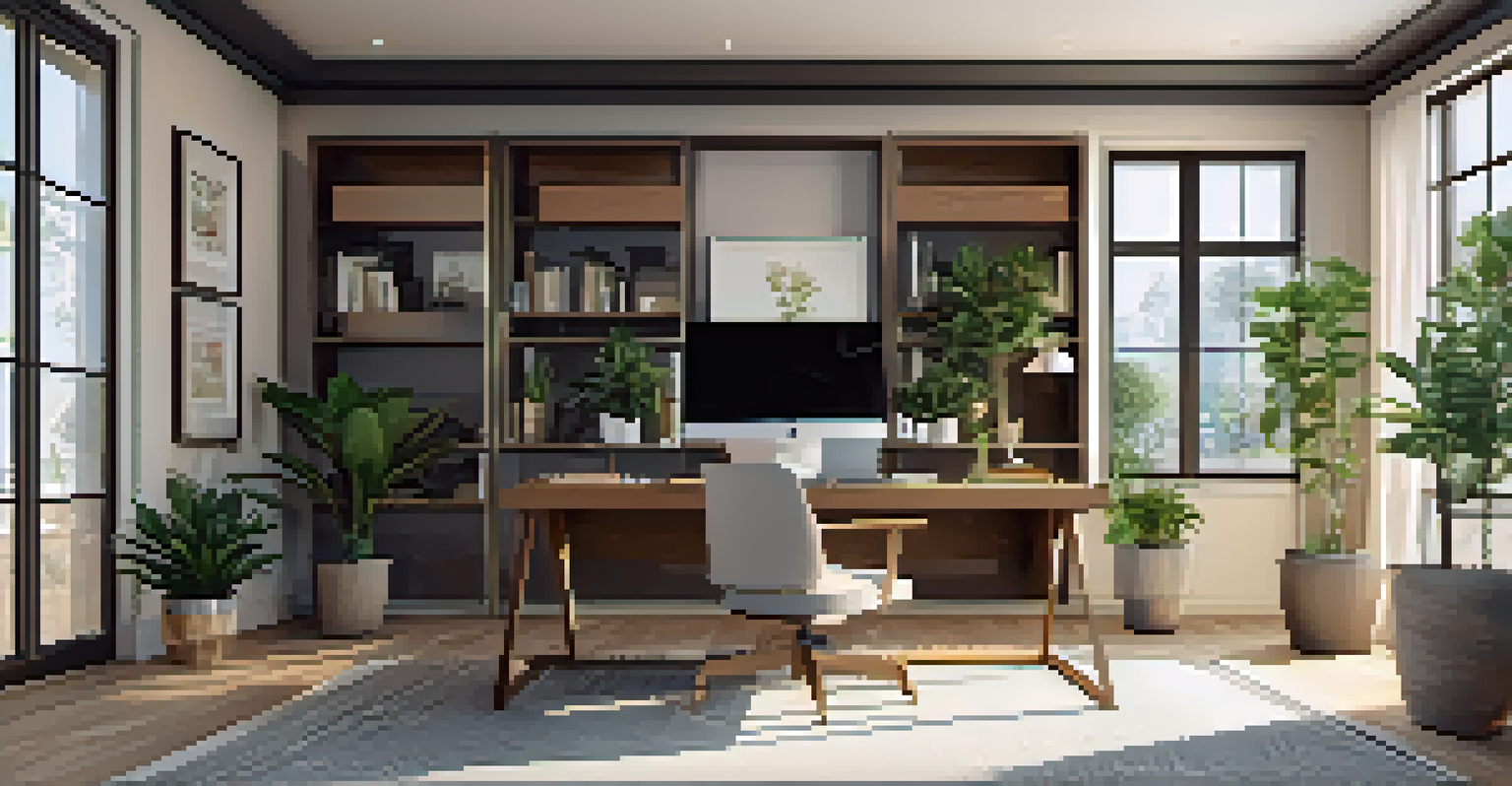 A modern home office setup featuring a polished wood desk with a laptop, desk lamp, and potted plants, with large windows letting in natural light.