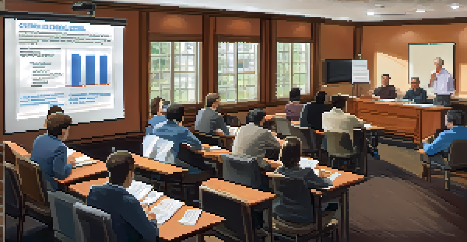 A workshop room filled with landlords learning about local tax regulations, with a projector displaying key information and attendees taking notes.