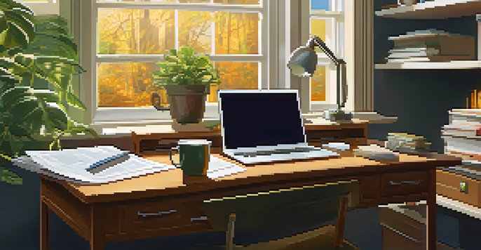 A warm and inviting home office with a wooden desk, tax documents, a laptop, and a cup of coffee, illuminated by natural light.