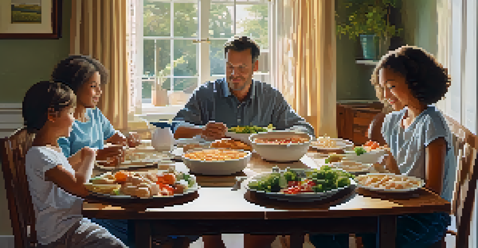 A close-up of a family enjoying a simple meal at a dining table, with warm expressions and soft natural lighting.
