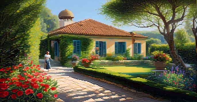 A tranquil scene of a person relaxing in a beautiful garden of a villa, with colorful flowers and sunlight filtering through the trees.
