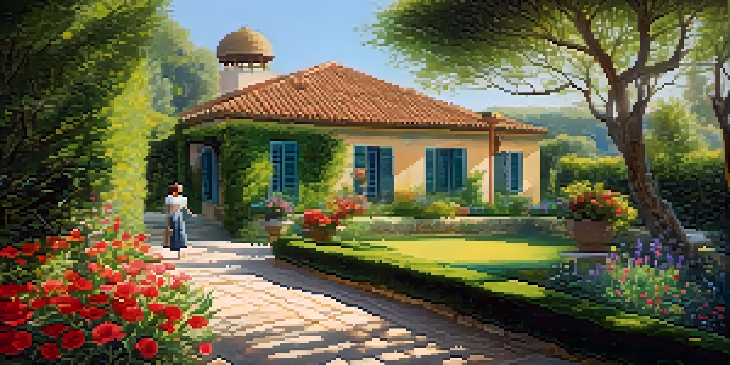 A tranquil scene of a person relaxing in a beautiful garden of a villa, with colorful flowers and sunlight filtering through the trees.