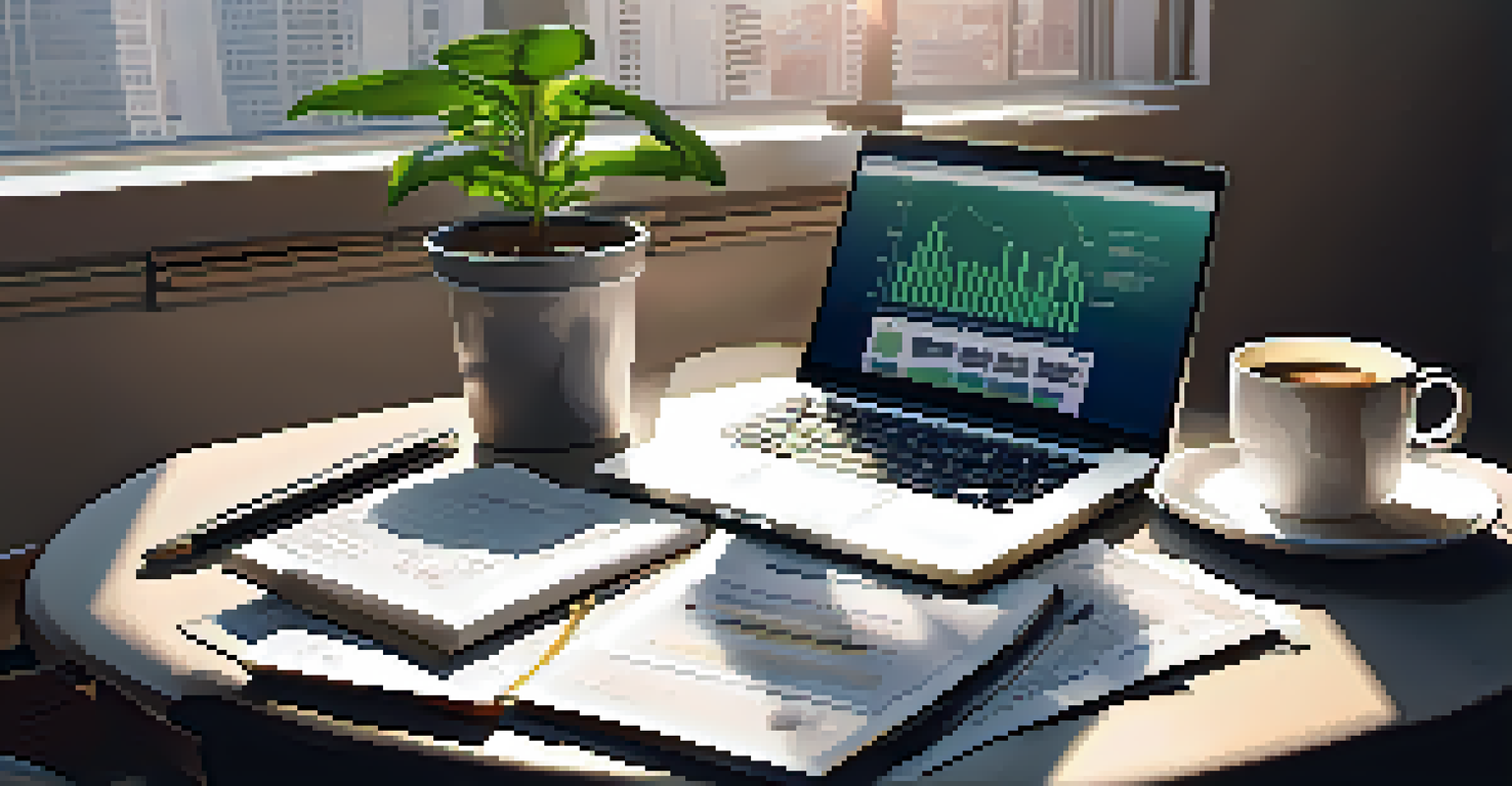 An office desk with financial reports and a laptop showing stock market trends, illuminated by natural light.