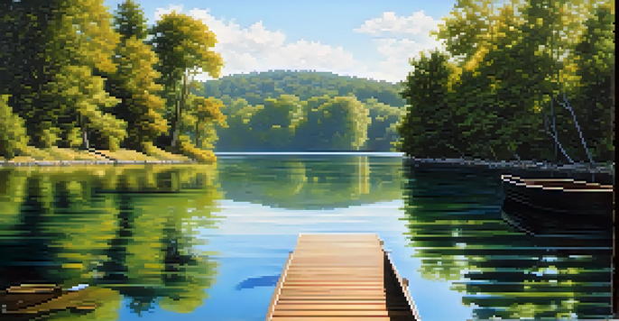 A peaceful lake scene with a wooden dock and a rowboat, surrounded by greenery and sunlight filtering through trees.