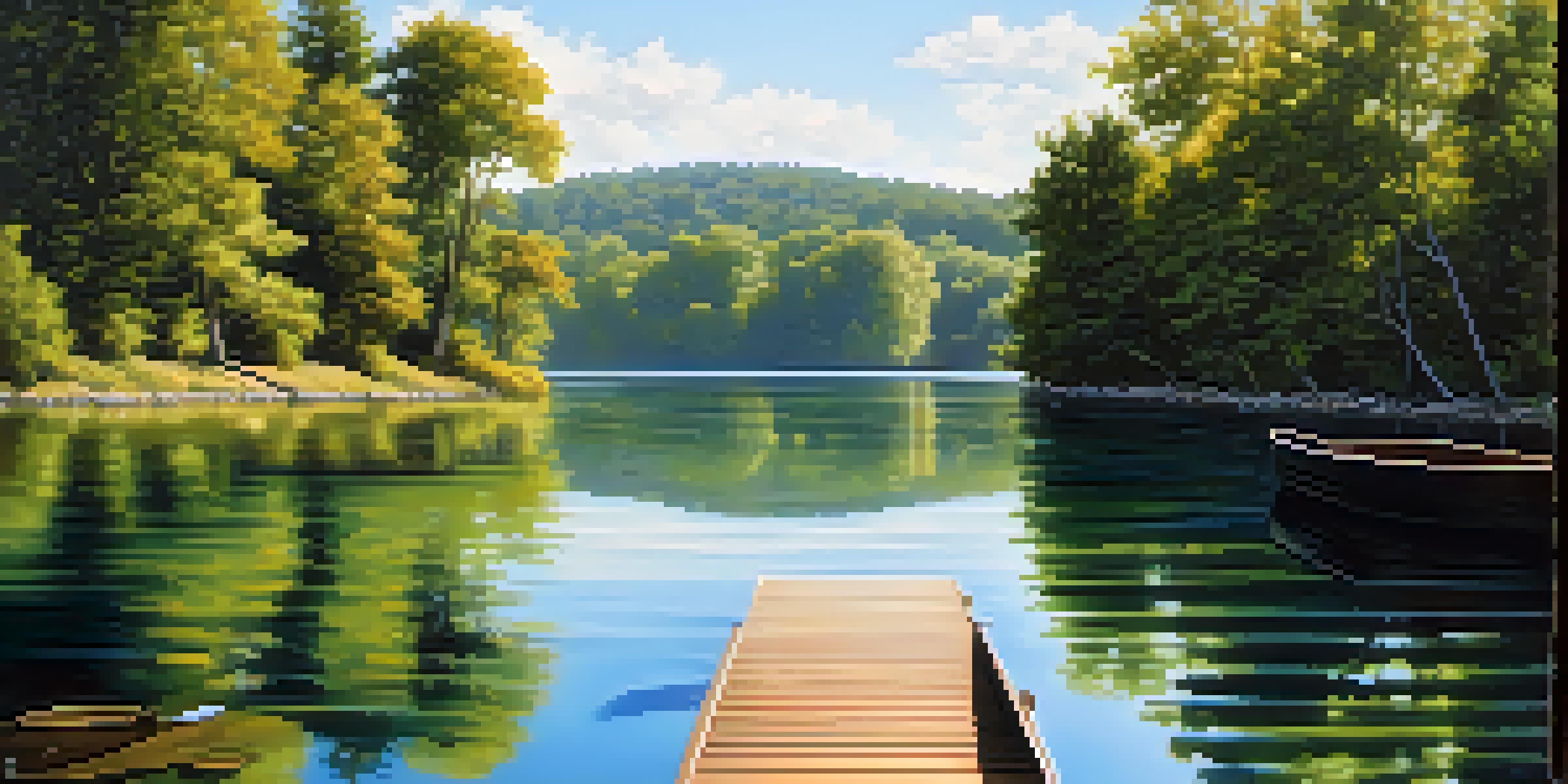 A peaceful lake scene with a wooden dock and a rowboat, surrounded by greenery and sunlight filtering through trees.