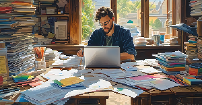 An artist organizing invoices and sales tax records on a wooden table, surrounded by art materials and a laptop.
