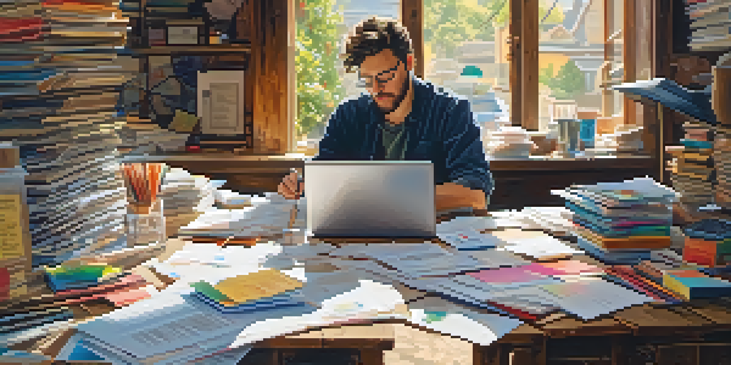 An artist organizing invoices and sales tax records on a wooden table, surrounded by art materials and a laptop.