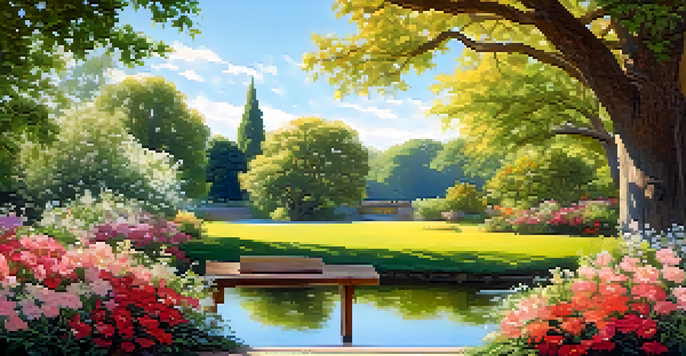 A tranquil garden scene with colorful flowers, a pond, and a bench under an oak tree illuminated by soft sunlight.