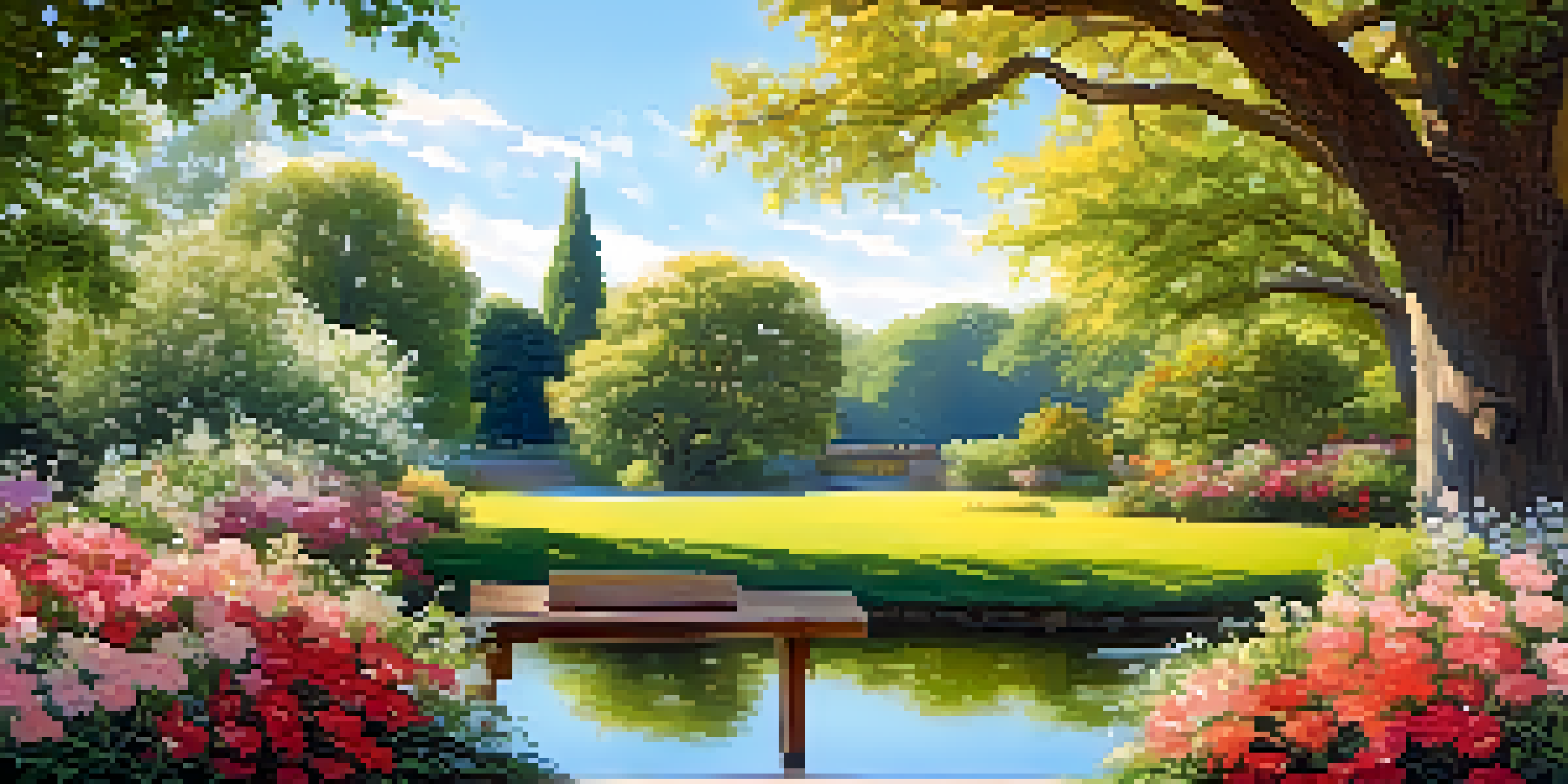A tranquil garden scene with colorful flowers, a pond, and a bench under an oak tree illuminated by soft sunlight.
