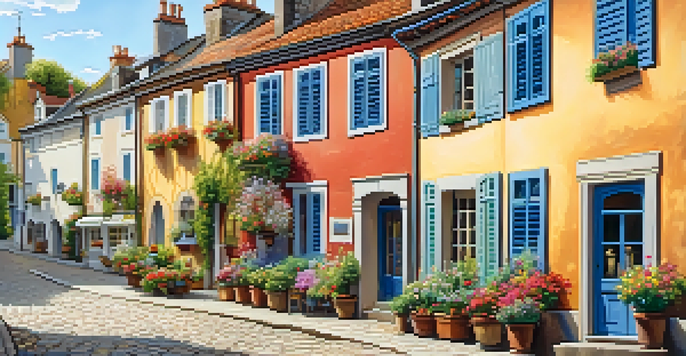 A picturesque European village with colorful houses and cobblestone streets, bathed in warm sunlight.