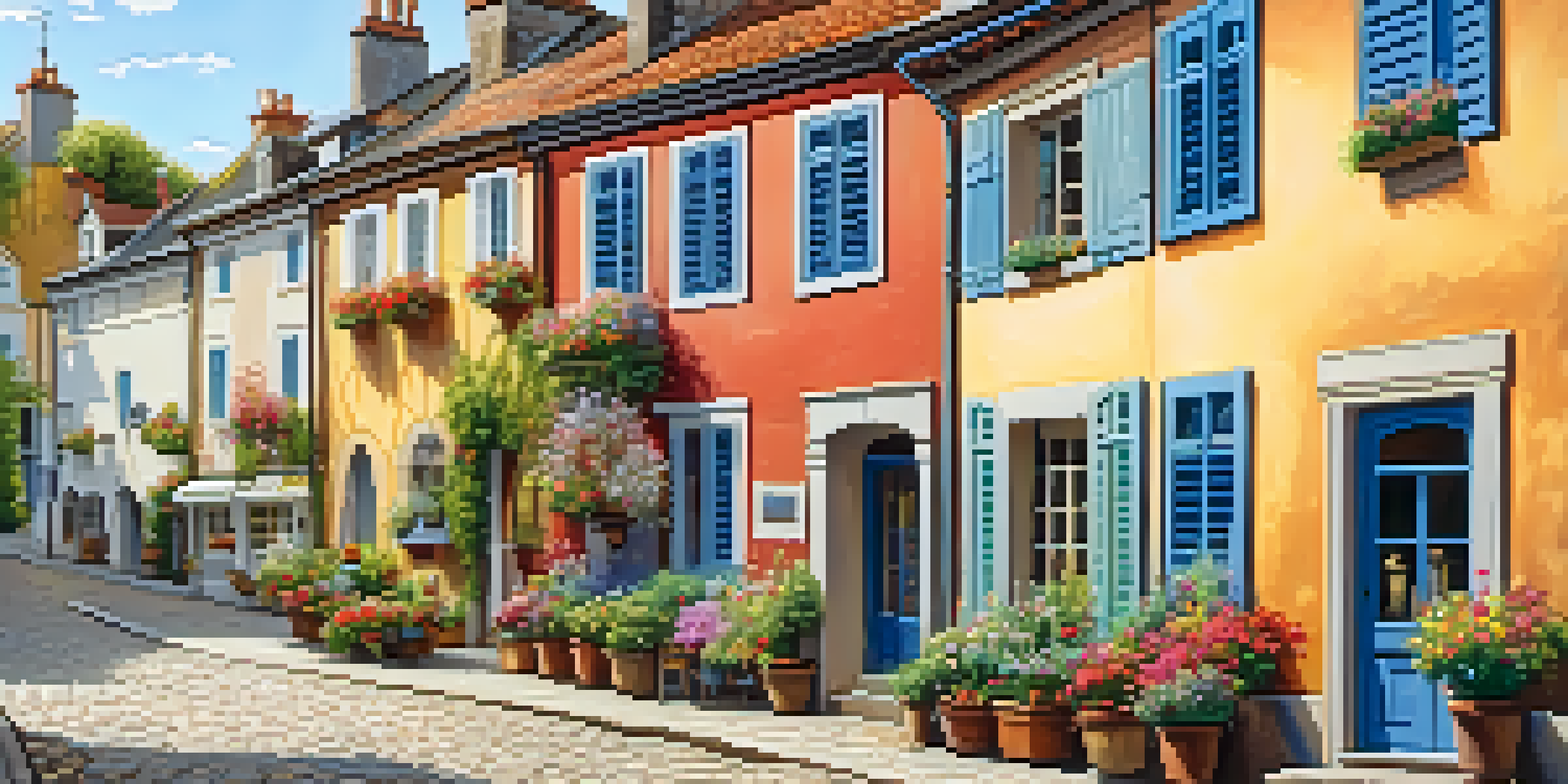 A picturesque European village with colorful houses and cobblestone streets, bathed in warm sunlight.