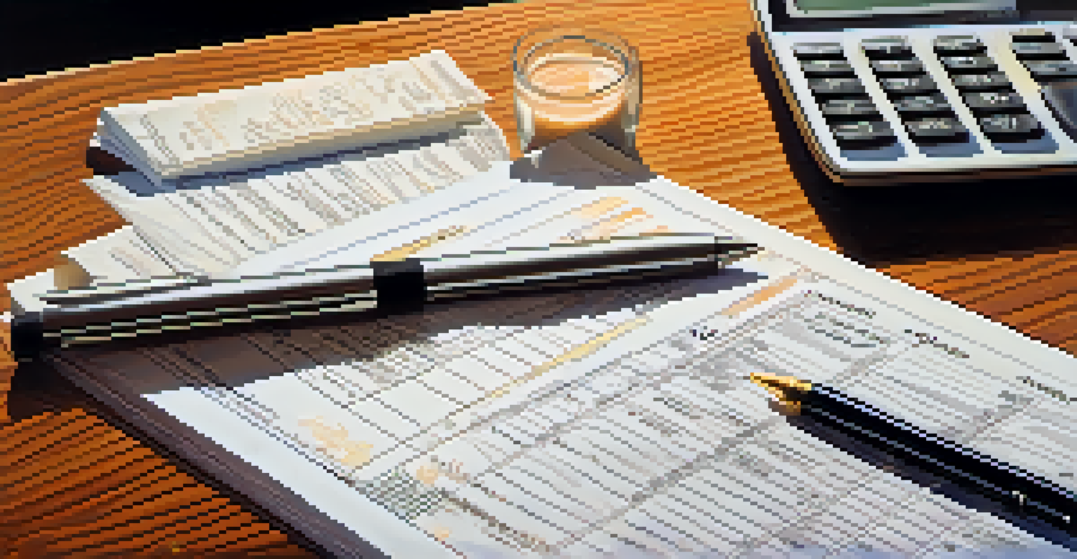 A hand holding a calculator with tax forms on a desk, soft lighting, and a cup of coffee nearby.