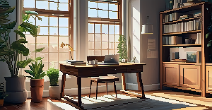 A bright home office with a wooden desk, a laptop showing tax forms, and a cup of coffee, illuminated by morning light and surrounded by green plants.
