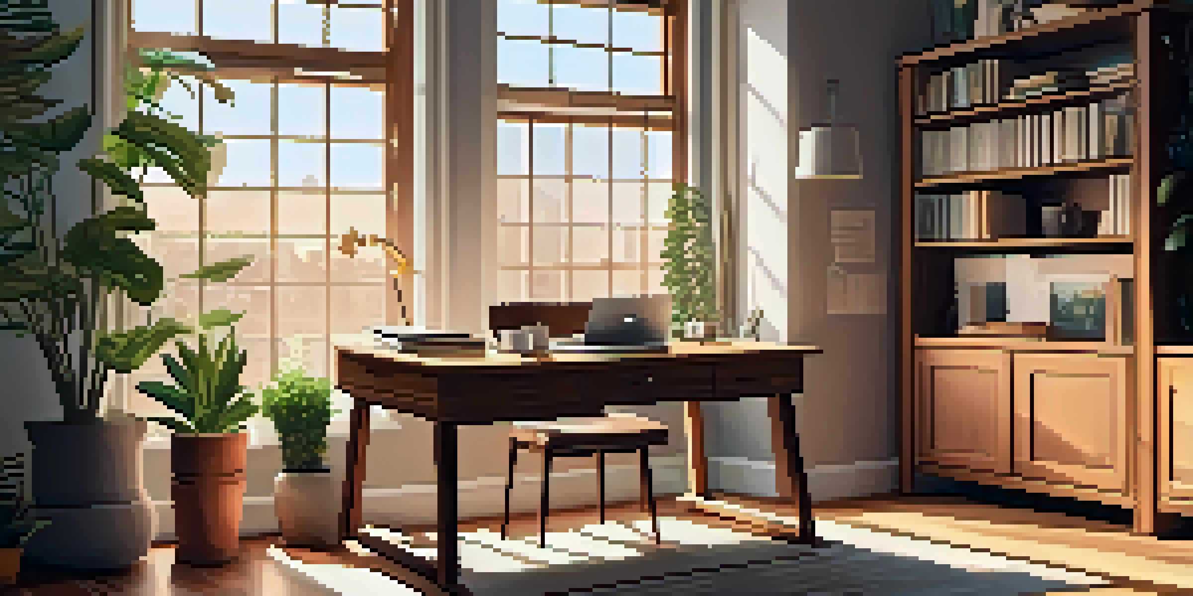 A bright home office with a wooden desk, a laptop showing tax forms, and a cup of coffee, illuminated by morning light and surrounded by green plants.