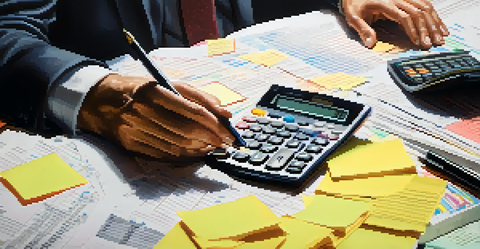 A close-up view of hands reviewing tax documents with sticky notes and a calculator, emphasizing attention to detail.
