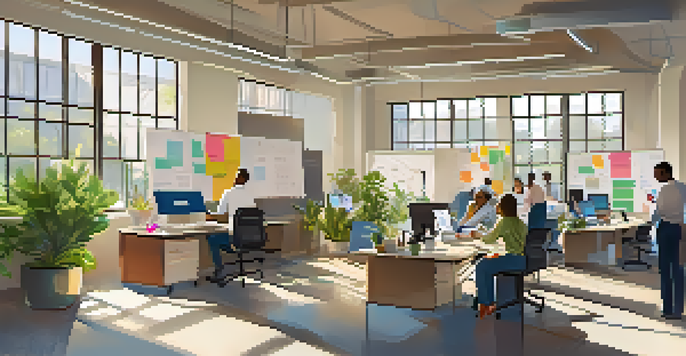 A diverse group of professionals working together in a bright office space of a nonprofit organization, with papers and laptops on the table.