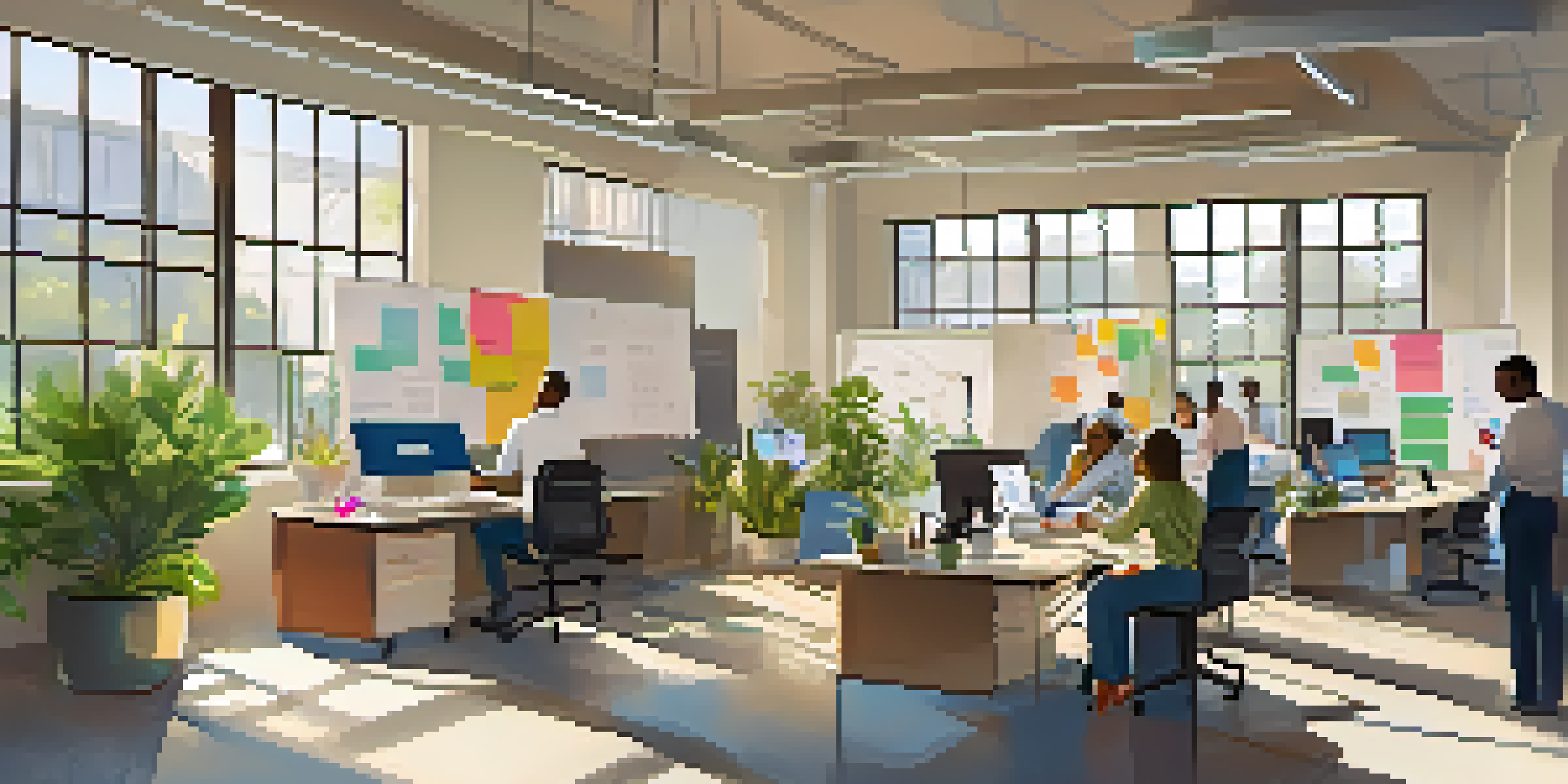 A diverse group of professionals working together in a bright office space of a nonprofit organization, with papers and laptops on the table.