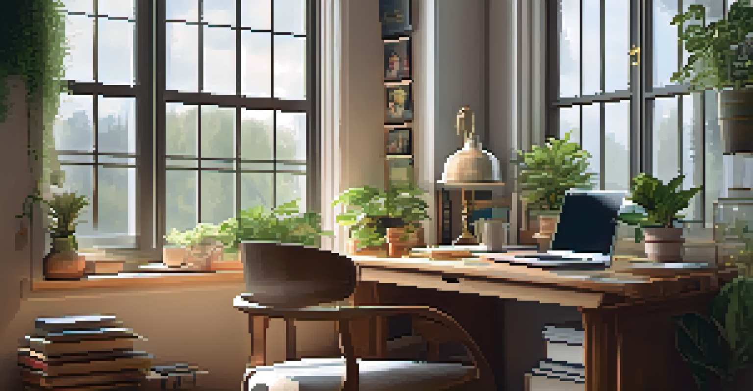 A comfortable home office with a desk, laptop, coffee, and plants, bathed in natural light.