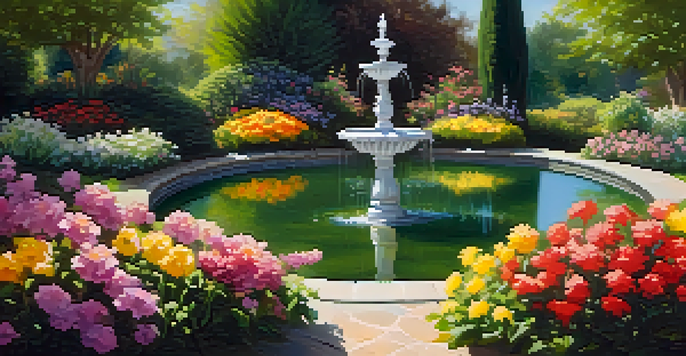 A colorful flower garden with a fountain, representing financial growth.