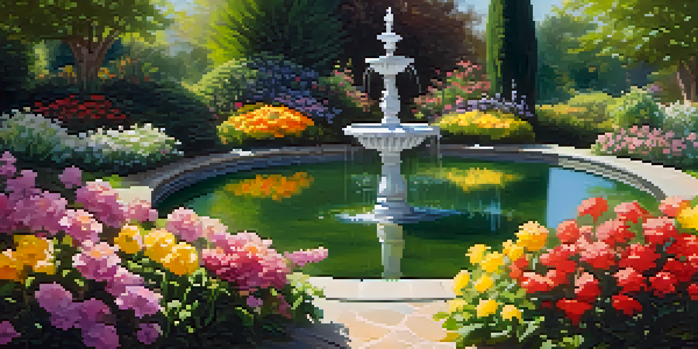 A colorful flower garden with a fountain, representing financial growth.
