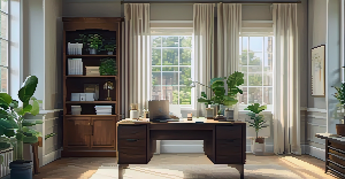 A peaceful office setting featuring a wooden desk with a laptop, papers, and a coffee cup, bathed in natural light from a window.