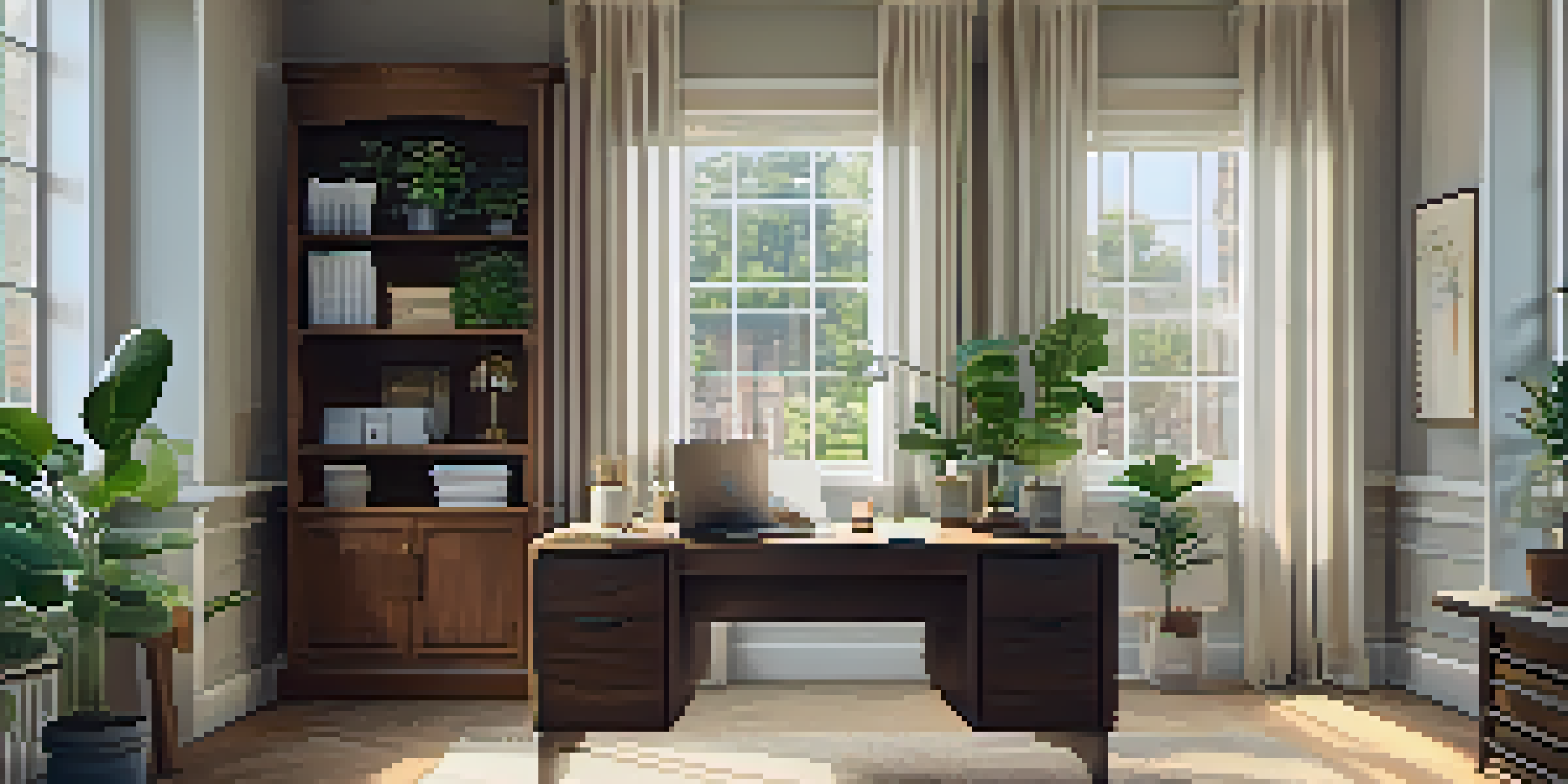 A peaceful office setting featuring a wooden desk with a laptop, papers, and a coffee cup, bathed in natural light from a window.