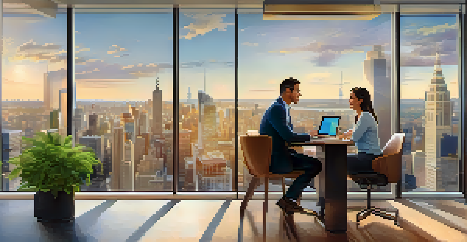 A small business owner and tax professional discussing plans in a modern office decorated with motivational posters and a cityscape view.