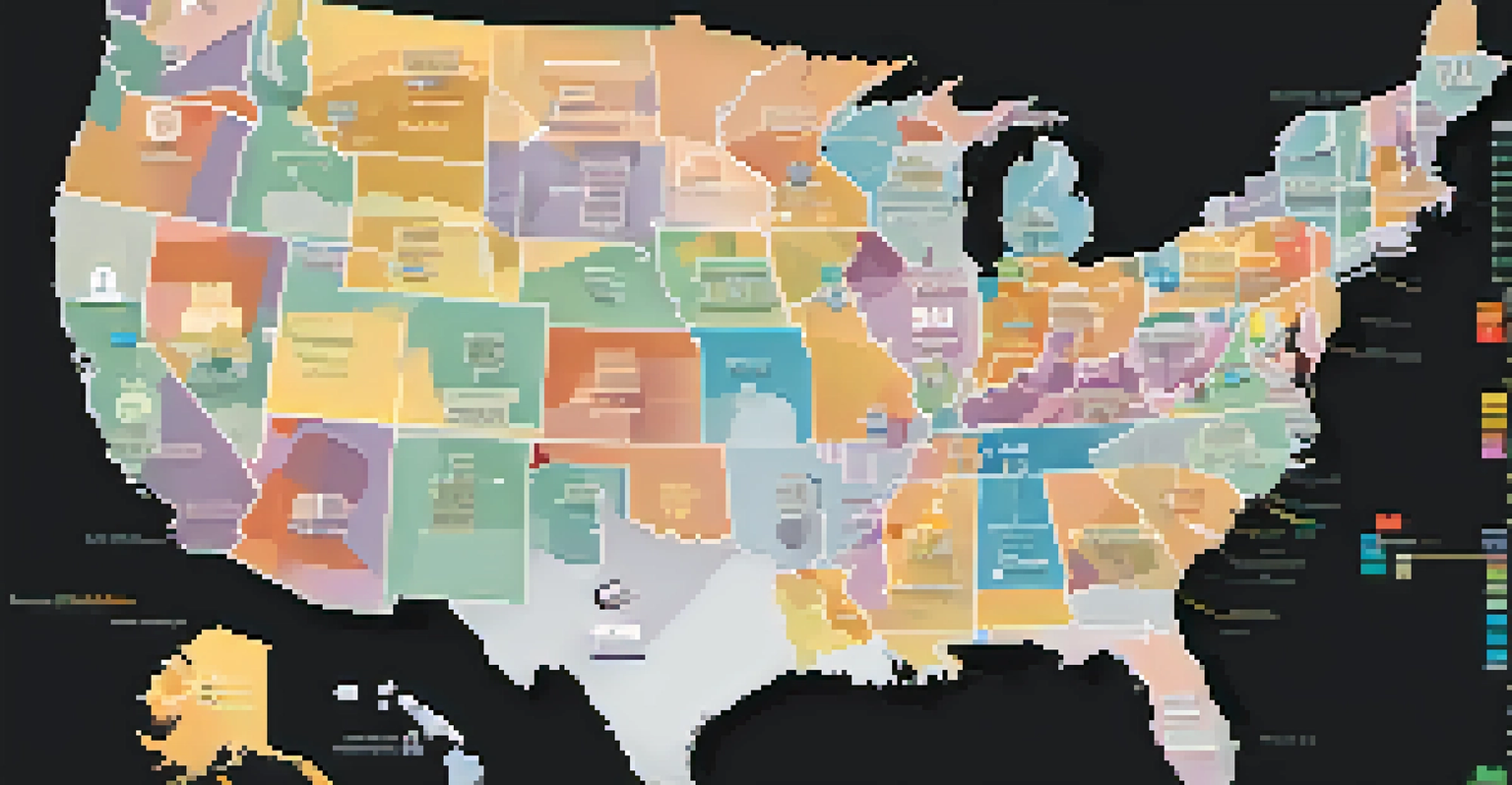 Infographic showing state property tax rates with maps, charts, and icons representing public services.