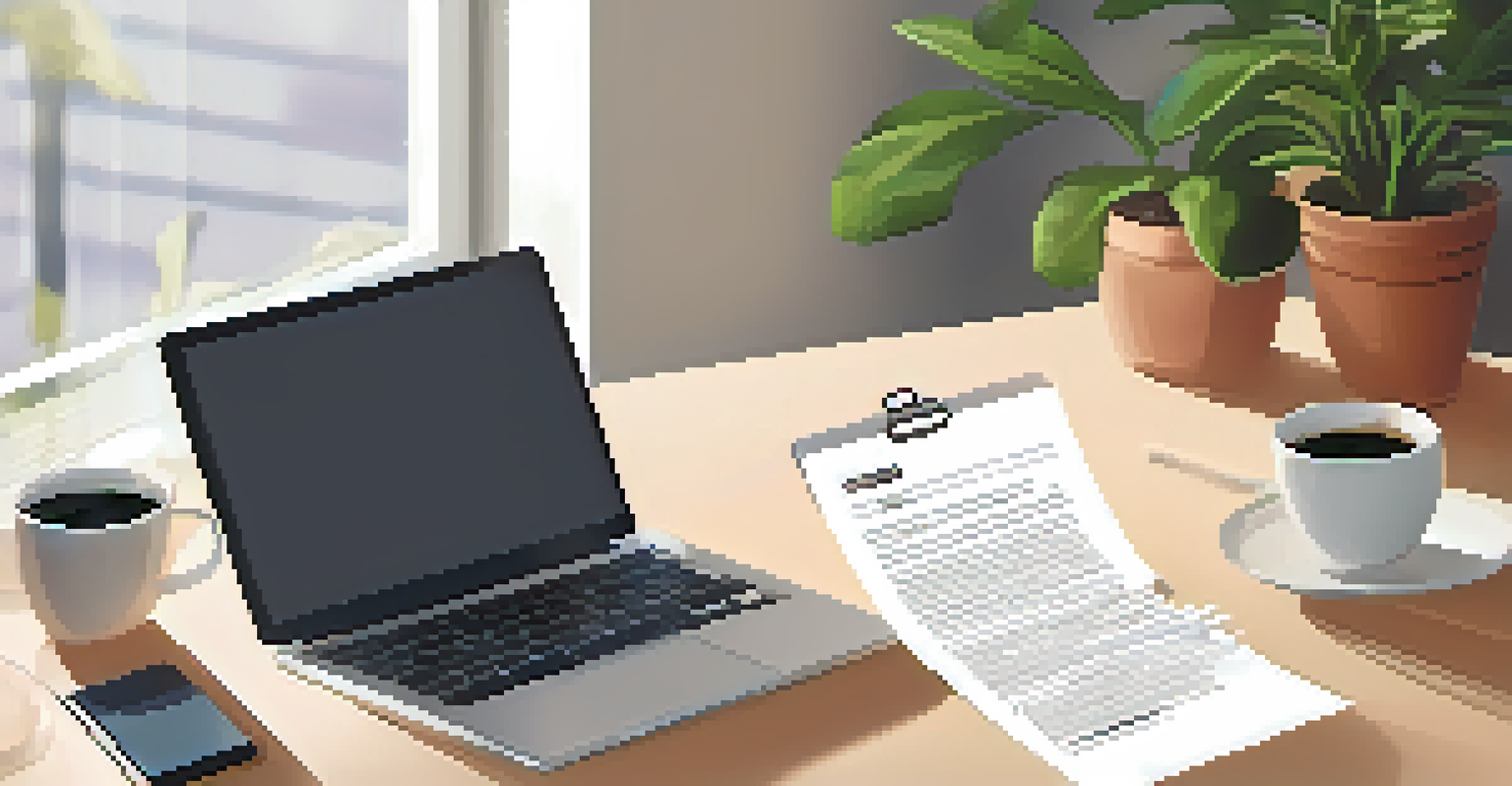 A remote work policy document on a desk, surrounded by a laptop and coffee, highlighting the importance of tax compliance.
