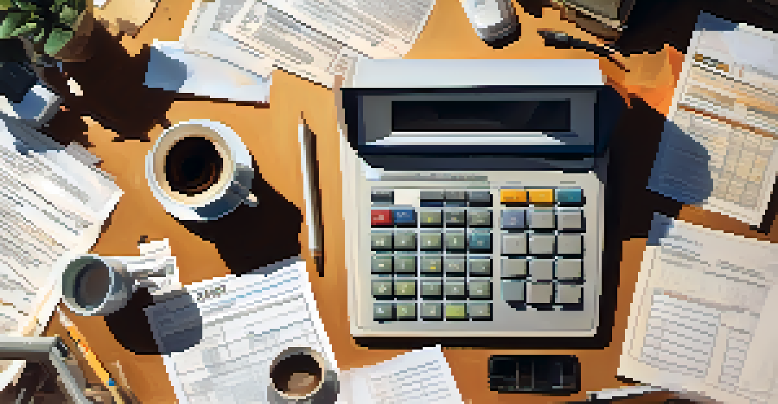 An overhead view of a messy desk filled with tax forms, a calculator, and a coffee cup in warm lighting.