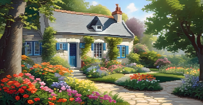 A peaceful garden with colorful flowers, a wooden bench, and a cottage in the background, illuminated by gentle sunlight.