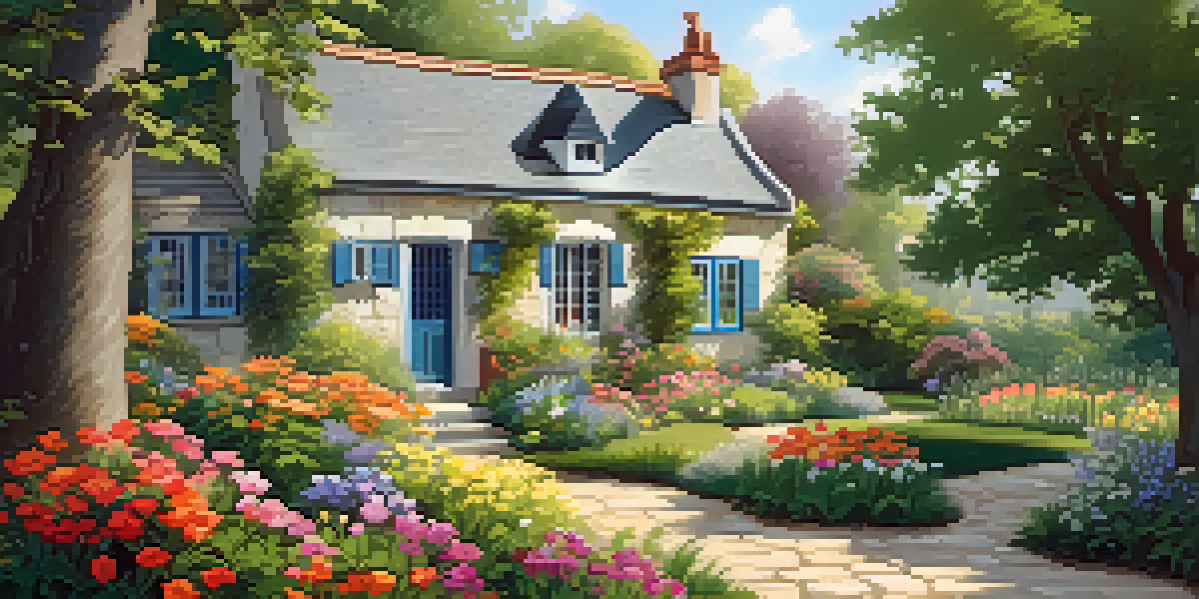 A peaceful garden with colorful flowers, a wooden bench, and a cottage in the background, illuminated by gentle sunlight.