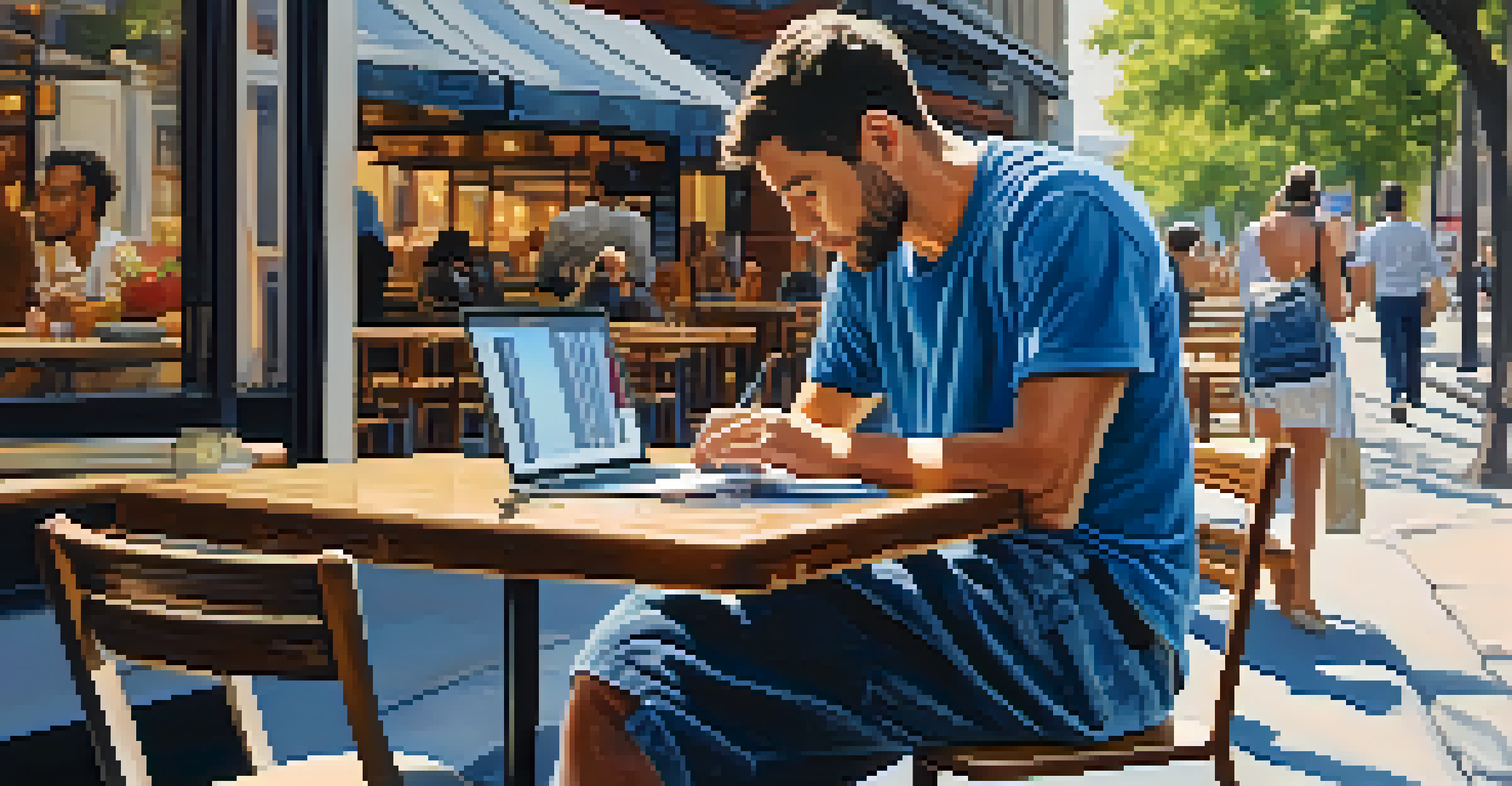 A person working on a laptop at a café table, with a notepad and coffee, surrounded by a lively street scene.