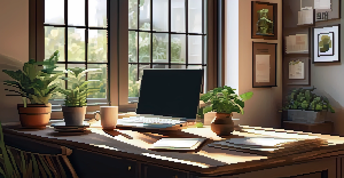 A warm and inviting home office with a wooden desk, laptop, coffee cup, and plants by the window.