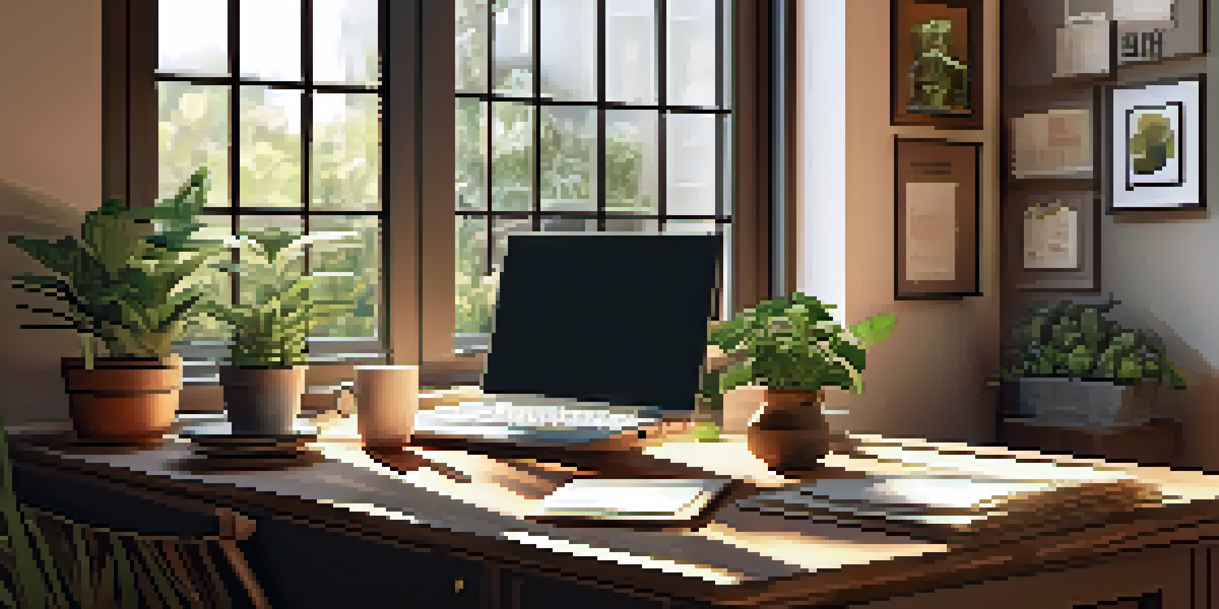 A warm and inviting home office with a wooden desk, laptop, coffee cup, and plants by the window.